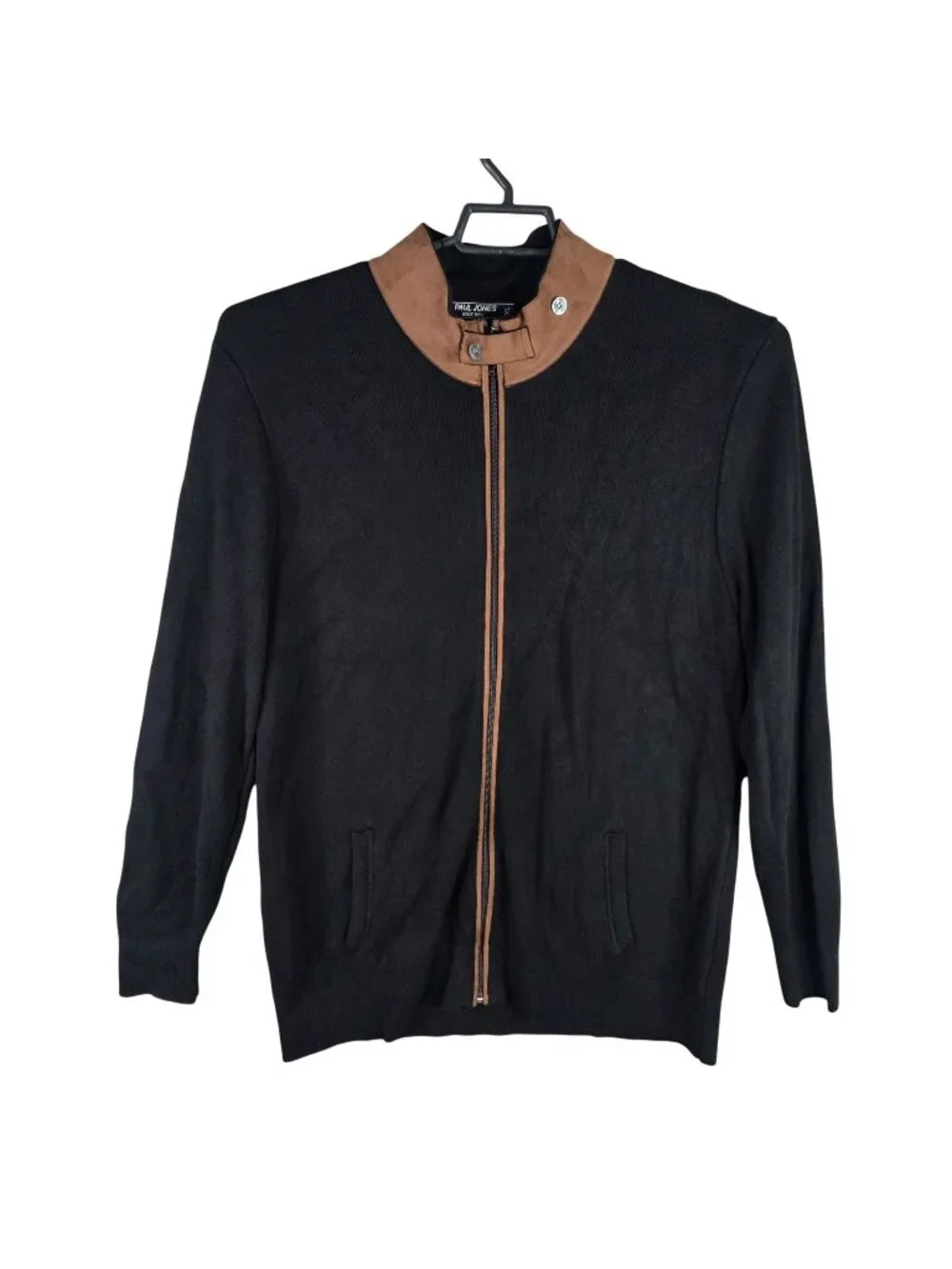 Mens Paul Jones Black & Brown Full Zip Cardigan Sweater Faux Suede Collar XL